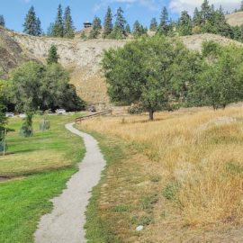 A gravel trail leads towards a mountain